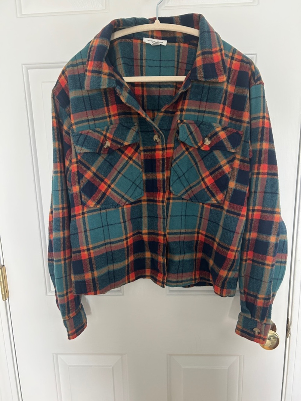 beachlunchlounge Plaid Button-Down Shirt Jacket in Teal, Orange, Navy